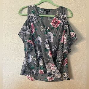 A. Byer Striped Floral Blouse - Black, White, Pink